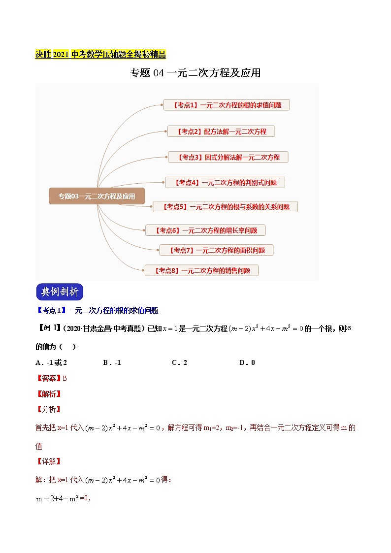 初中数学中考复习 专题04 一元二次方程及应用(解析版)第1页