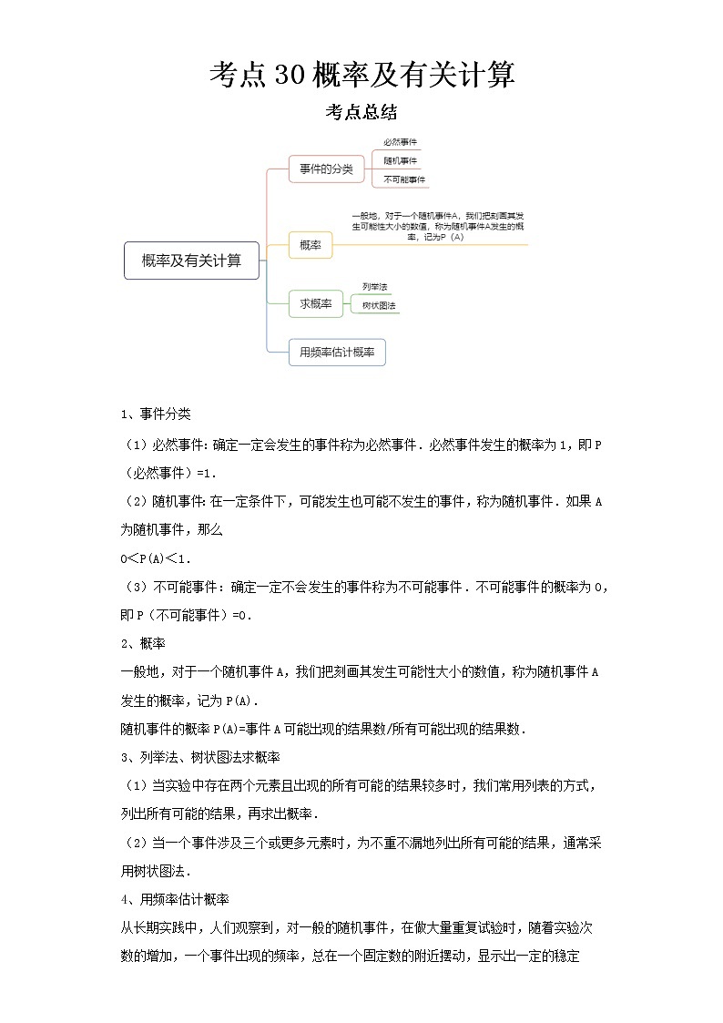 2022-2023 数学京改版新中考精讲精练 考点30概率及有关计算01