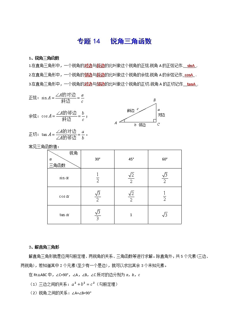 初中数学中考复习 专题14 锐角三角函数-2021年中考数学总复习知识点梳理(全国通用)第1页