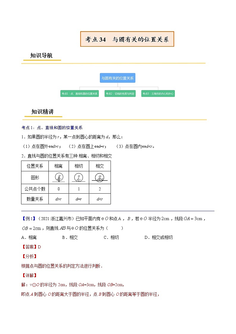 初中数学中考复习 专题34 与圆有关的位置关系【考点精讲】-【中考高分导航】备战2022年中考数学考点总复习(全国通用)(解析版)第1页