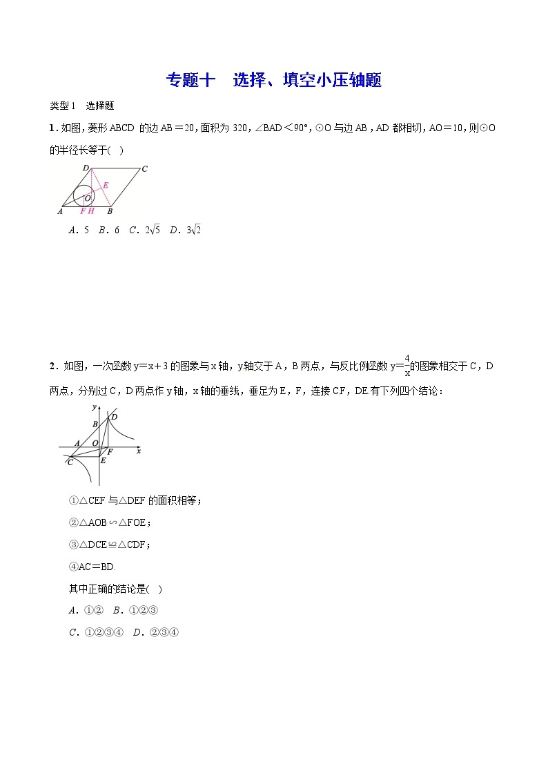 初中数学中考复习 专题十 选择、填空小压轴题(原卷版)01