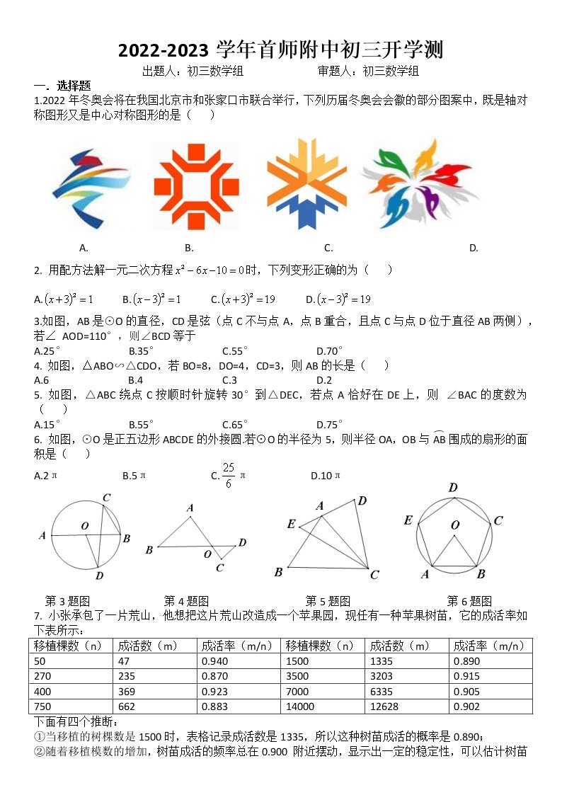 2022-2023北京首师大附中九年级下册数学开学测试卷（无答案）01