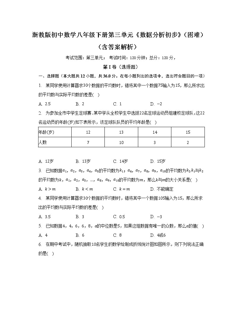浙教版初中数学八年级下册第三单元《数据分析初步》(困难)(含答案解析) 试卷01