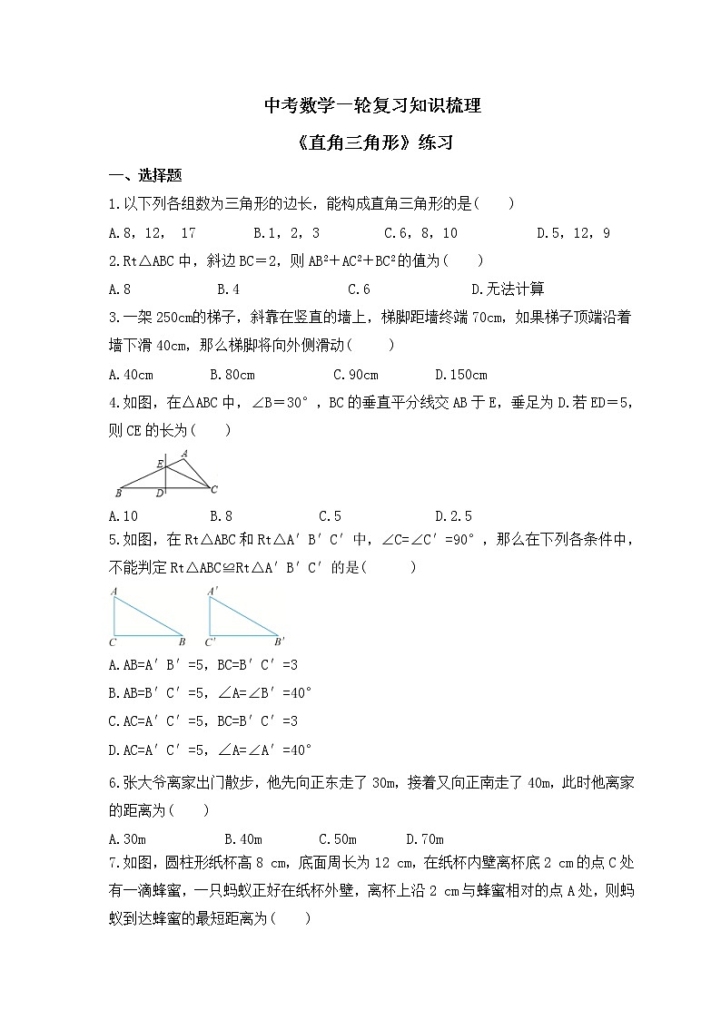 中考数学一轮复习知识梳理《直角三角形》练习 (含答案)第1页