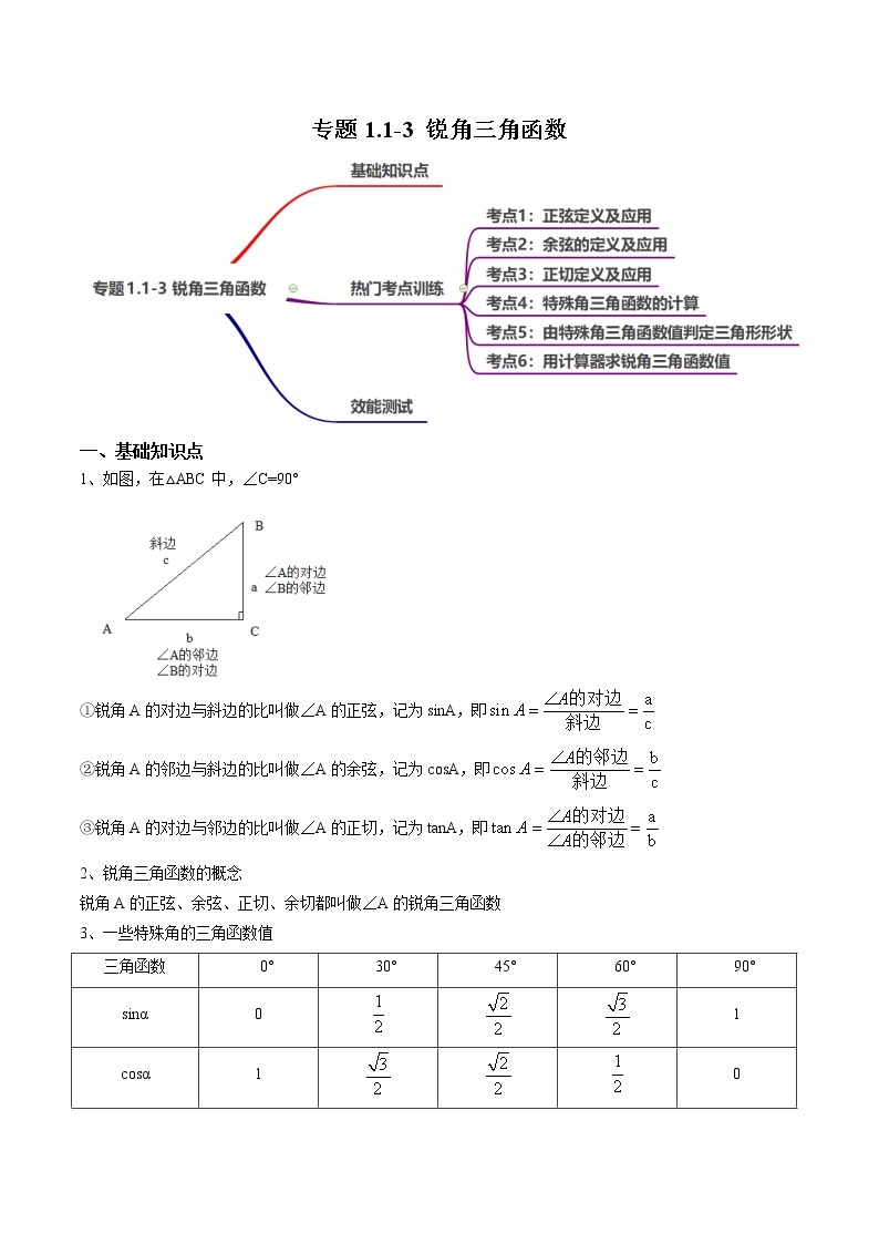 专题1.1-3 锐角三角函数-简单数学之2022-2023学年九年级下册基础考点三步通关（北师大版）01