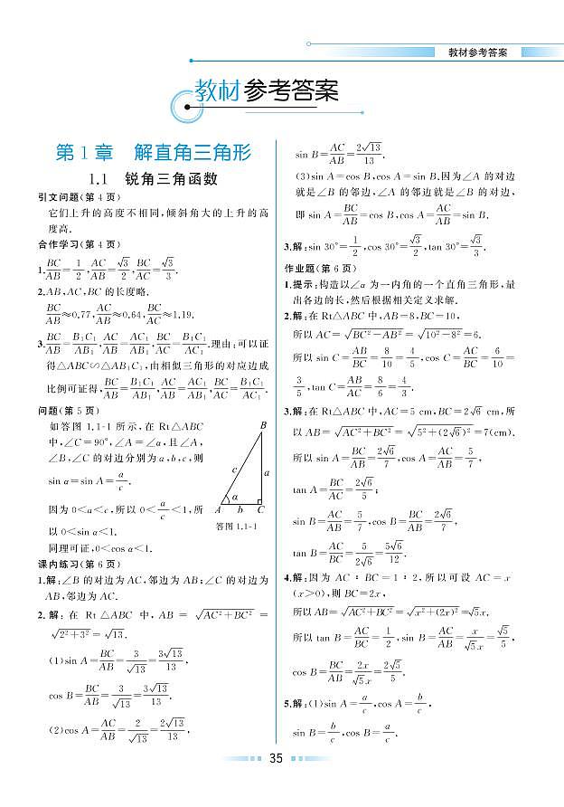 【教材解读】浙教版数学九年级下册 第1章 解直角三角形 1.1 锐角三角函数 试卷01