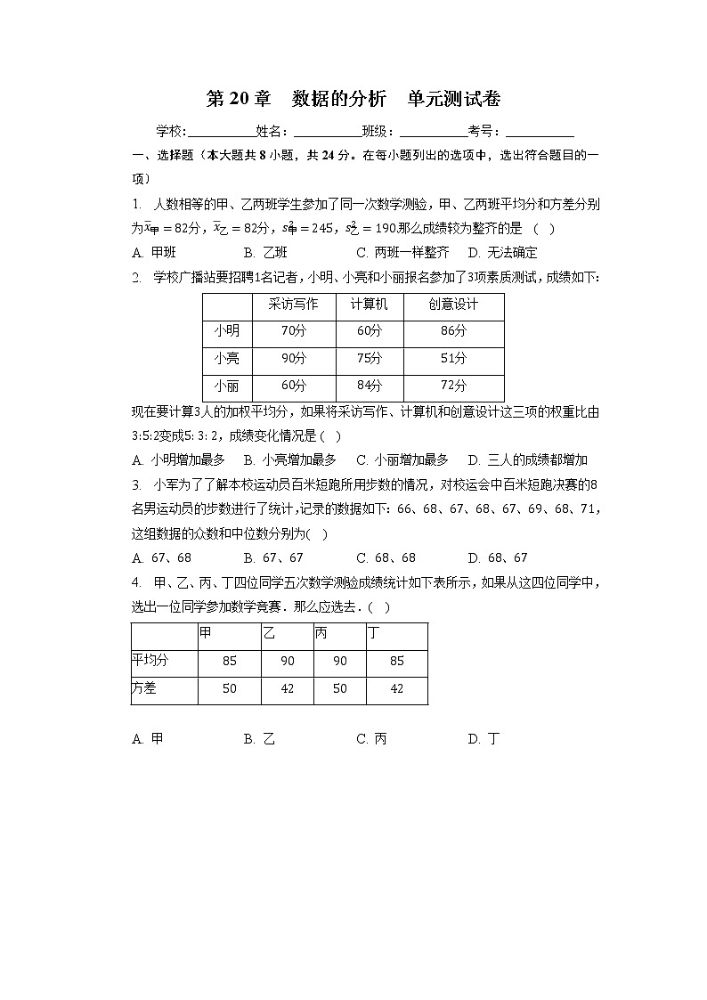 人教版八年级数学下册第20章 数据的分析 单元测试卷(无答案)第1页