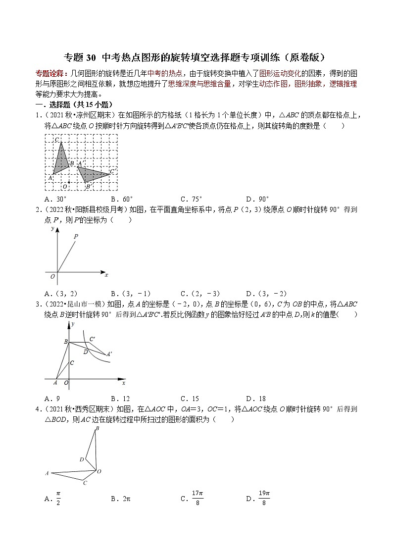 专题30 中考热点图形的旋转填空选择题专项训练-2023年中考数学二轮复习核心考点专题提优拓展训练01