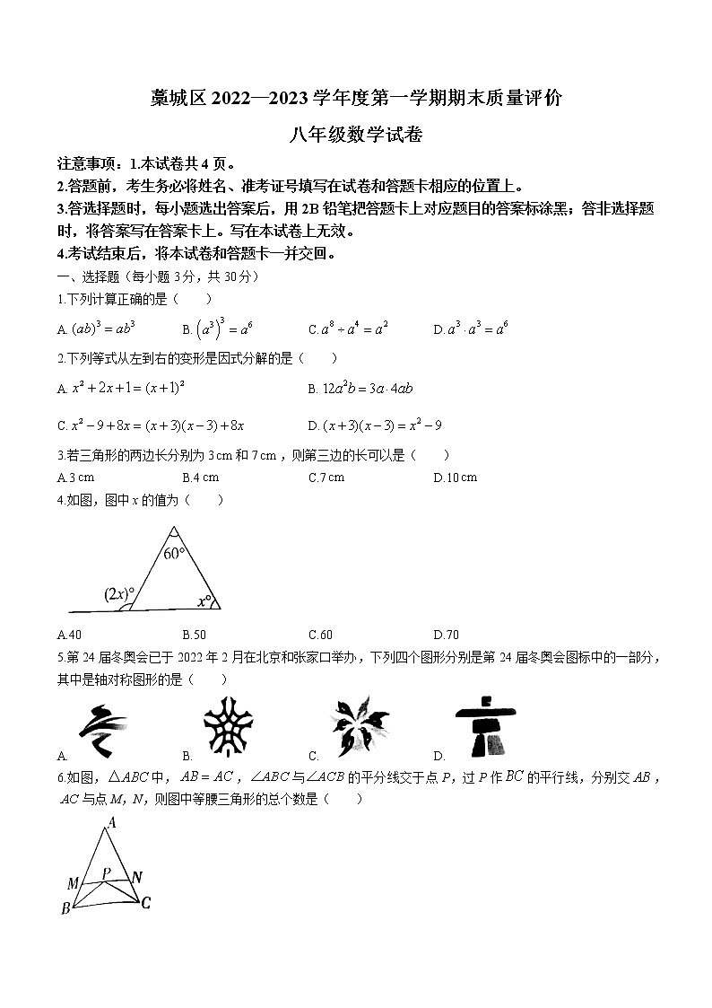 河北省石家庄市藁城区2022-2023学年八年级上学期期末考试数学试题(含答案)01