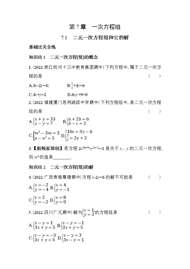 7.1 二元一次方程组和它的解 华东师大版七年级数学下册同步练习(含解析)01