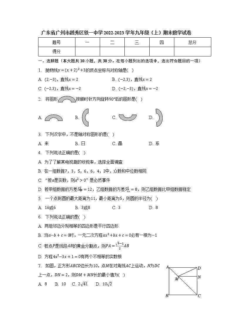 广东省广州市越秀区铁一中学2022-2023学年九年级上学期期末数学试卷(无答案)第1页