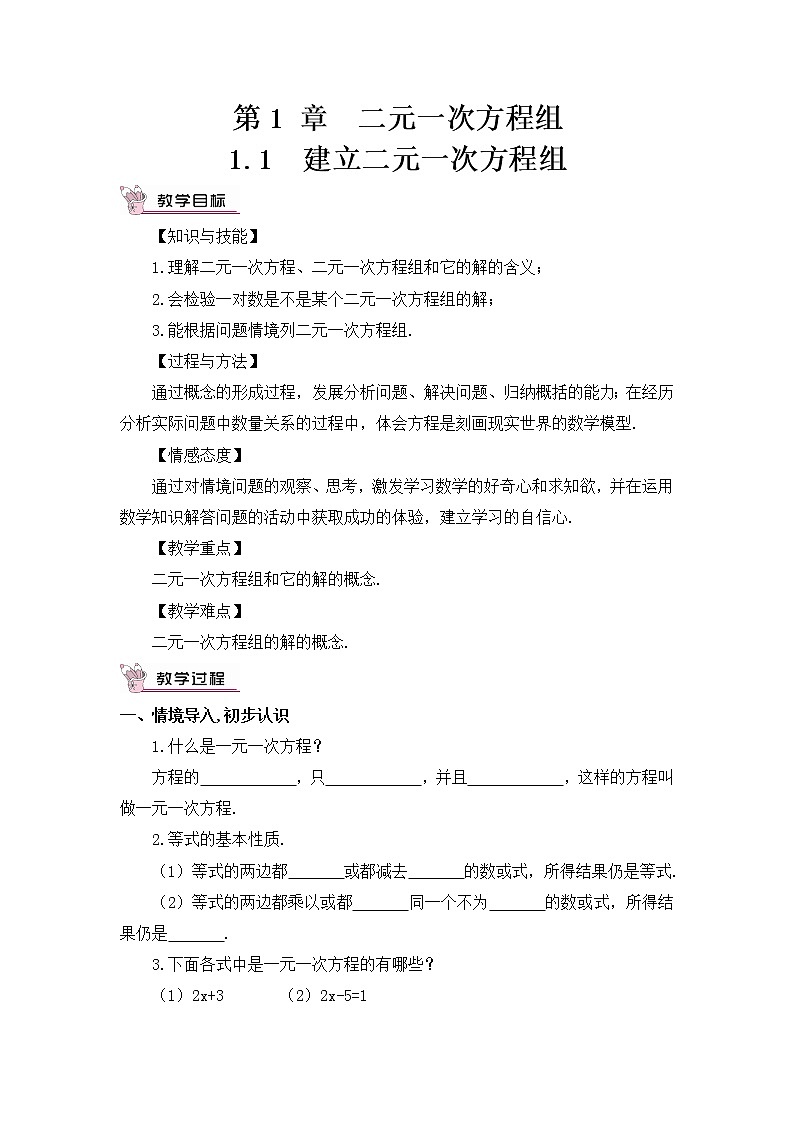 1.1 建立二元一次方程组 教案第1页
