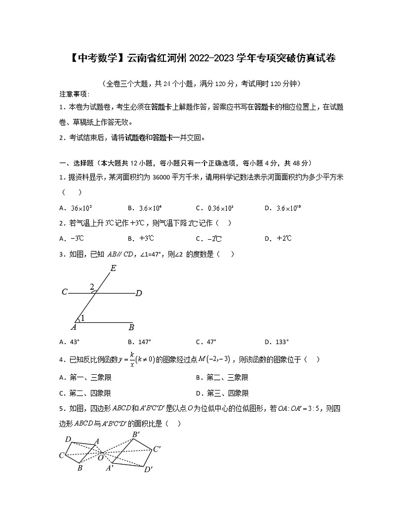 【中考数学】云南省红河州2022-2023学年专项突破仿真试卷第1页