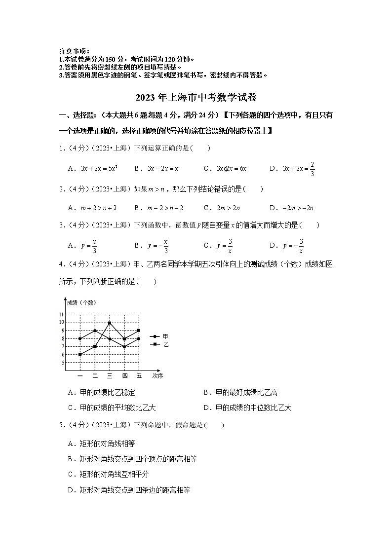 2023年上海市中考数学模拟试题及答案第1页