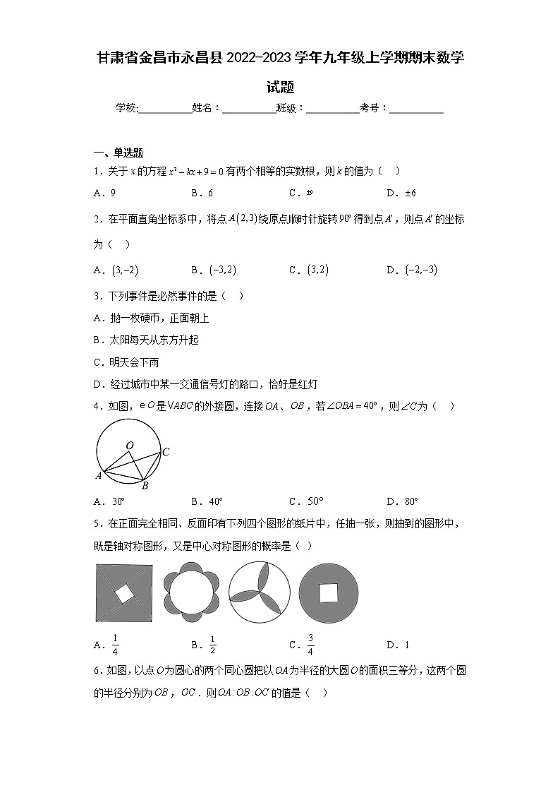 甘肃省金昌市永昌县2022-2023学年九年级上学期期末数学试题(含详细答案)第1页