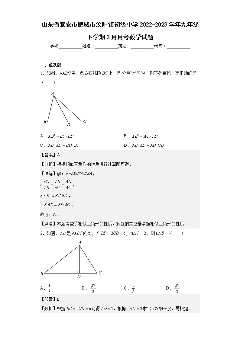 山东省泰安市肥城市汶阳镇初级中学2022-2023学年九年级下学期3月月考数学试题(含答案)第1页