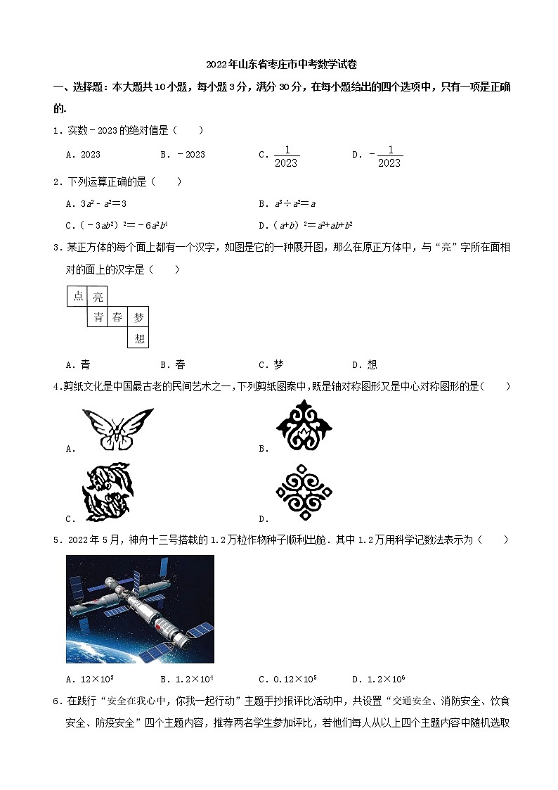 2022年山东省枣庄市中考数学真题(Word版,含解析)第1页