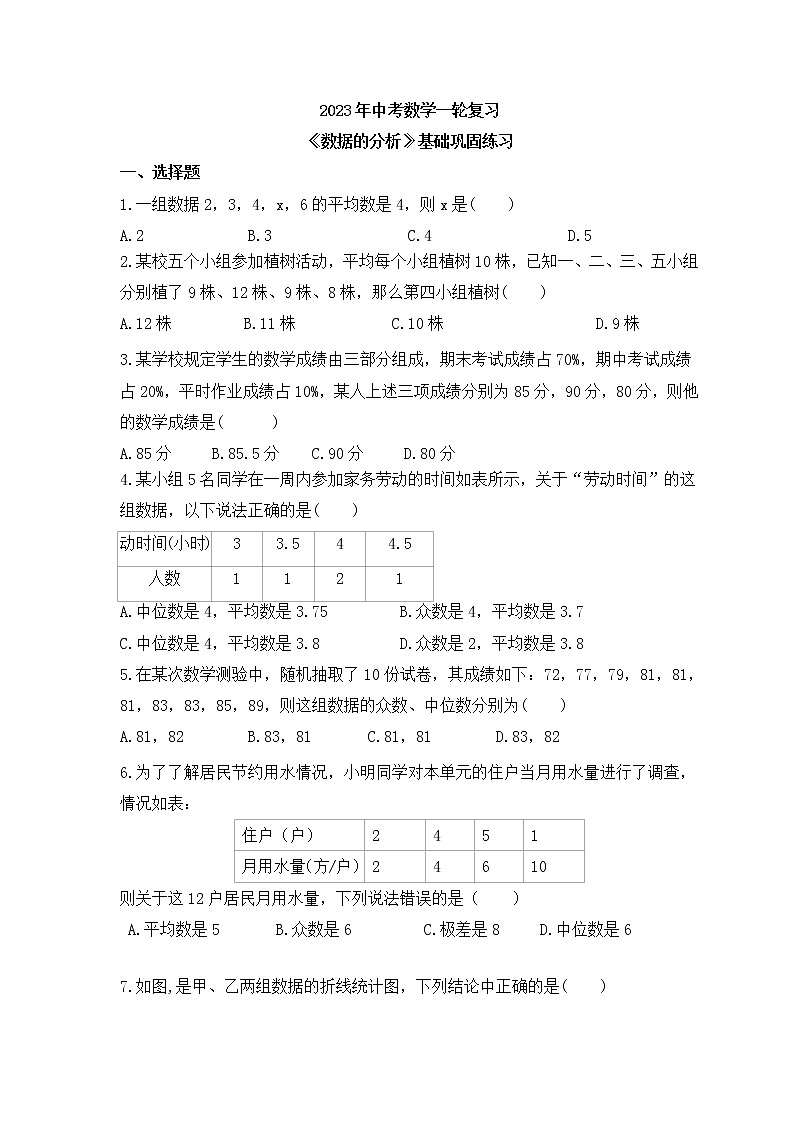 2023年中考数学一轮复习《数据的分析》基础巩固练习(含答案)第1页