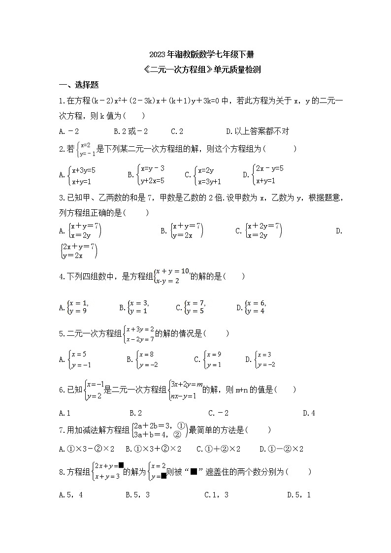 2023年湘教版数学七年级下册《二元一次方程组》单元质量检测(含答案)第1页