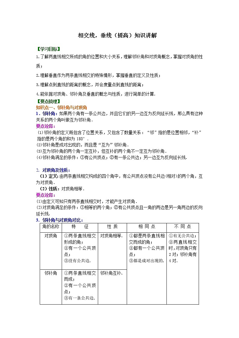 人教版數(shù)學(xué)七年級下冊：相交線，垂線（提高）知識講解 (含答案)第1頁