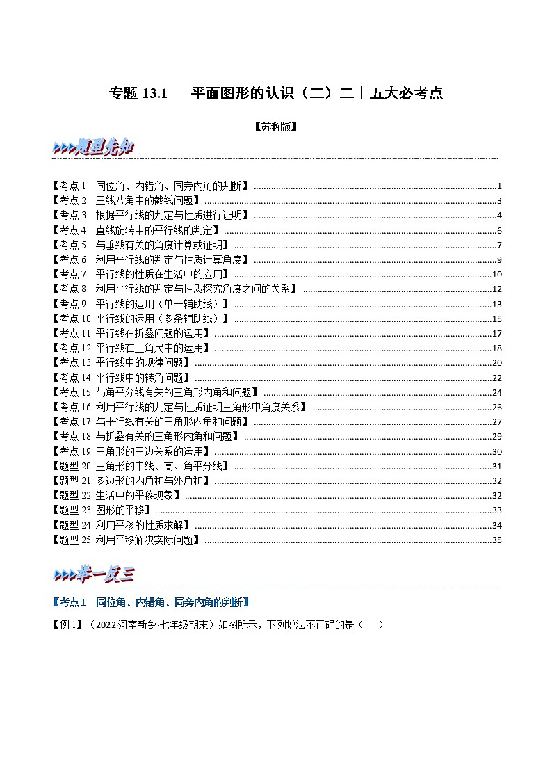 专题13.1 期中期末专项复习之平面图形的认识(二)二十五大必考点(举一反三)(苏科版)(原卷版)第1页