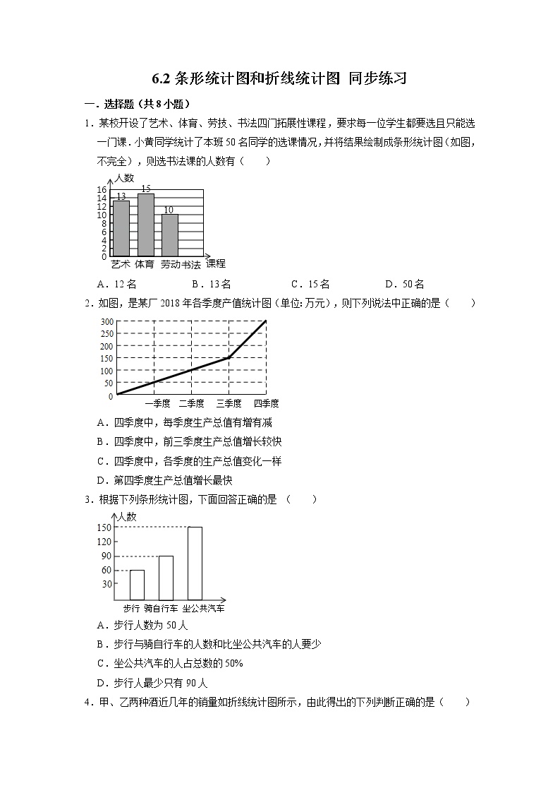 6.2条形统计图和折线统计图同步练习 浙教版数学七年级下册