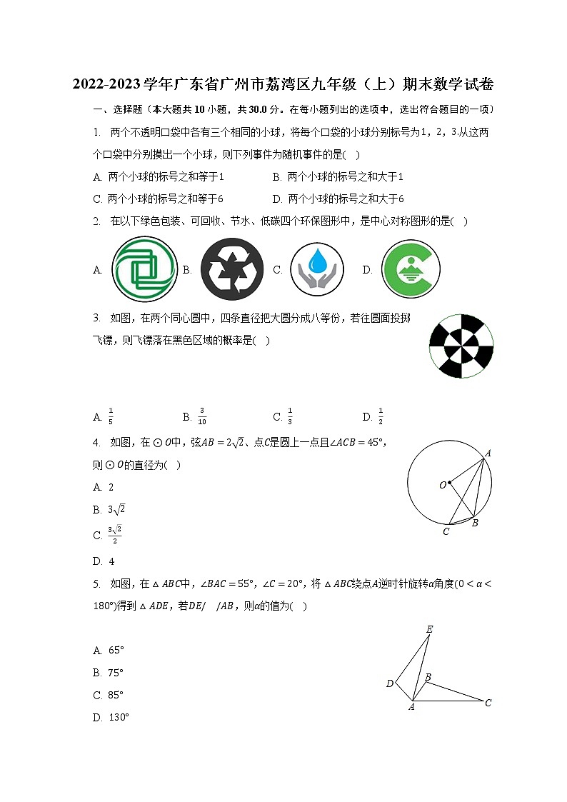 2022-2023学年广东省广州市荔湾区九年级(上)期末数学试卷(含解析)01