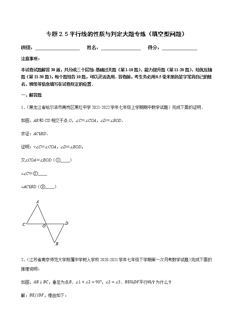 北师大版七年级数学下册——专题2.5平行线的性质与判定大题专练(填空型问题)01