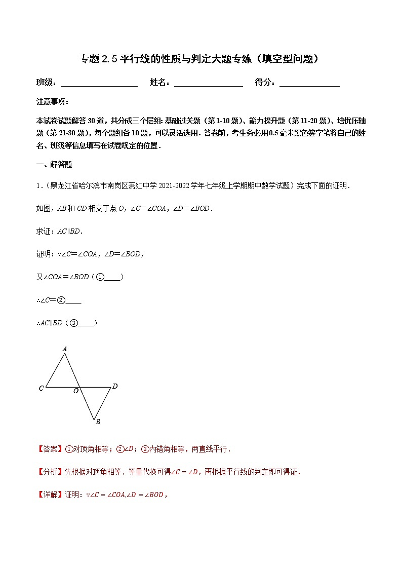北师大版七年级数学下册——专题2.5平行线的性质与判定大题专练(填空型问题)01