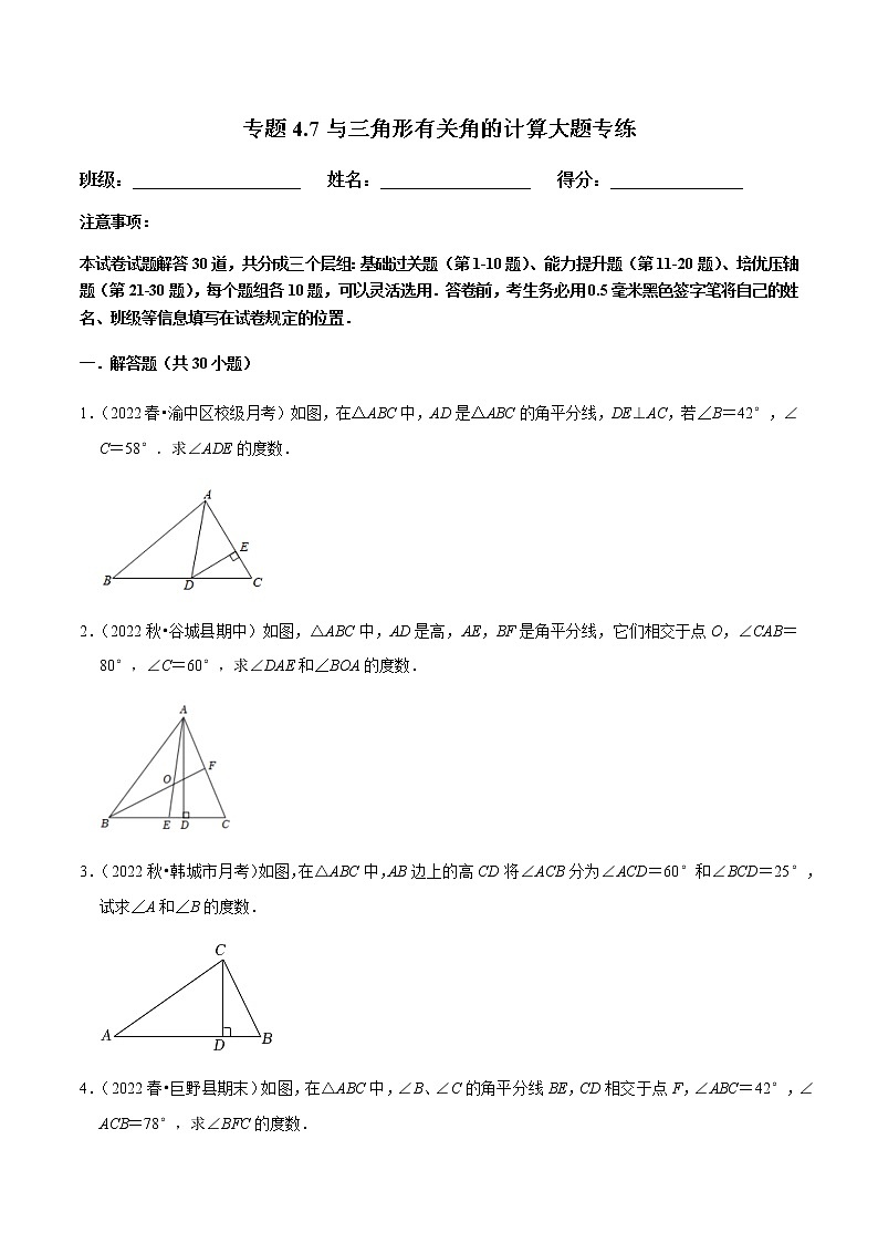 专题4.7与三角形有关角的计算大题专练(原卷版)第1页