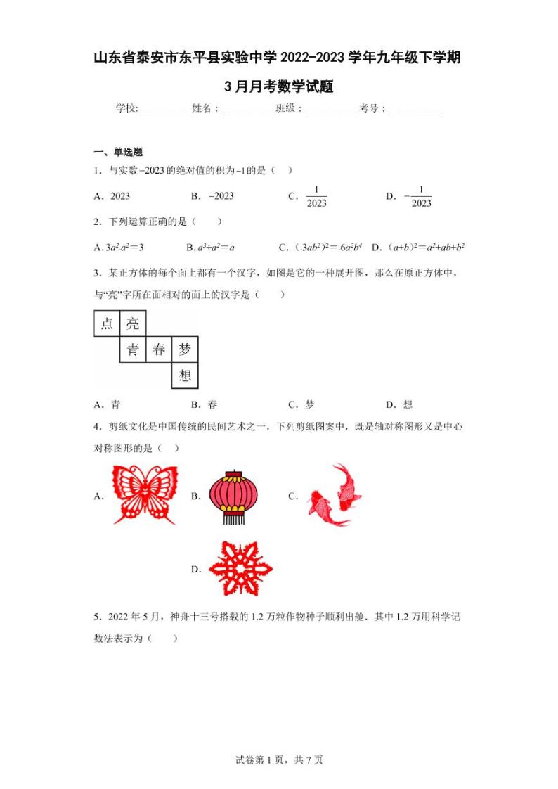 山东省泰安市东平县实验中学2022-2023学年九年级下学期3月月考数学试题01