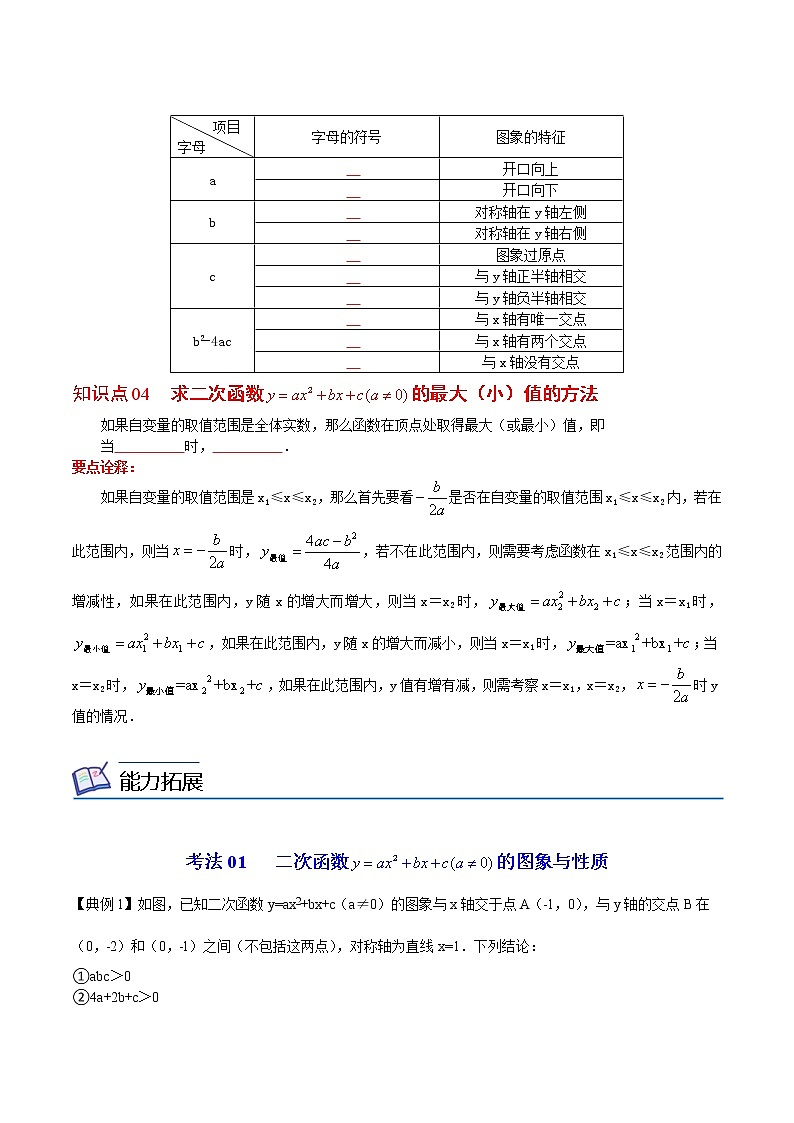 人教版数学九年级上册同步讲义第12课二次函数y=ax2+bx+c(a≠0)的图象与性质(原卷版)第3页