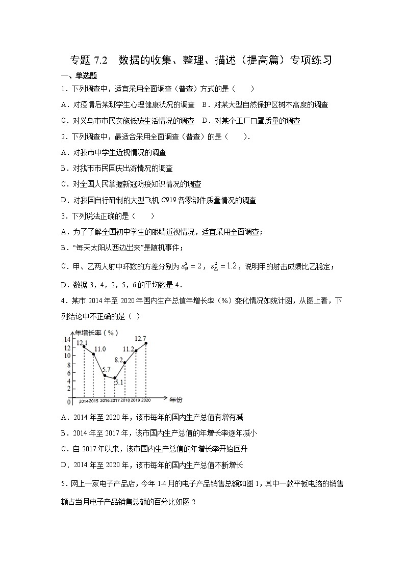 专题7.2 数据的收集、整理、描述(提高篇)专项练习-【挑战满分01