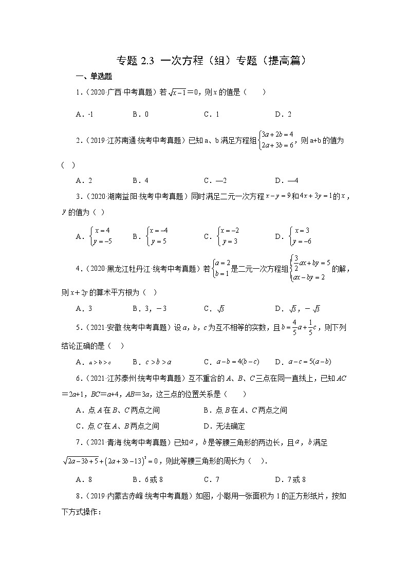 专题2.3 一次方程(组)专题(提高篇)-【挑战满分】2023年中考数学总复习精选精练(全国通用)第1页