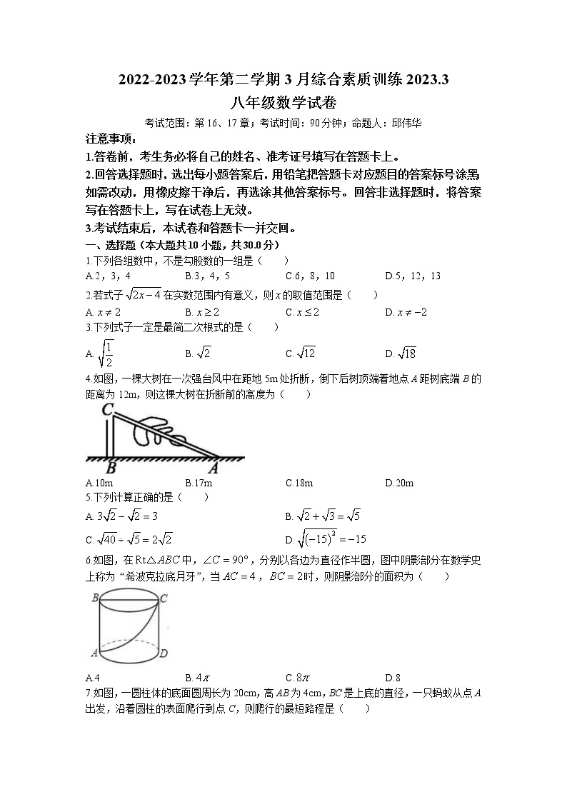 广东省惠州市惠阳区新世纪实验学校2022-2023学年八年级下学期第一次月考（3月）数学试卷01