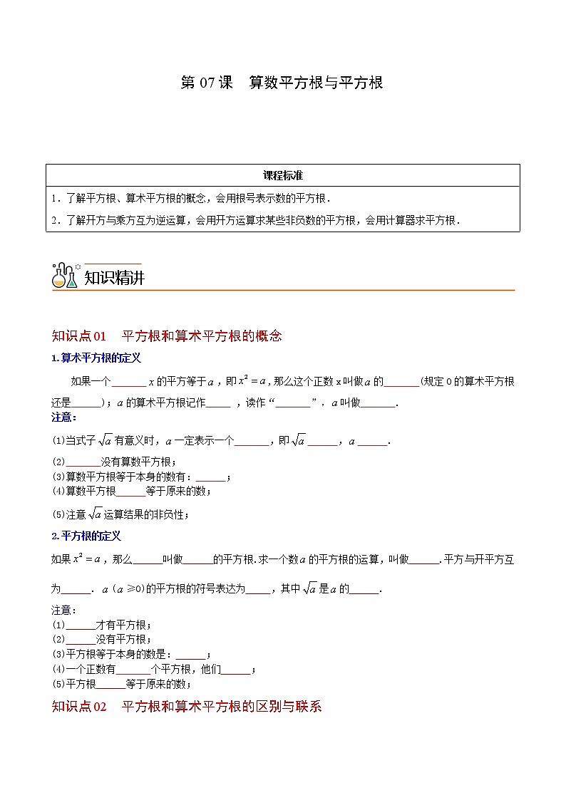 通用版初中数学同步 7年级下册 算数平方根与平方根(无答案)-第1页