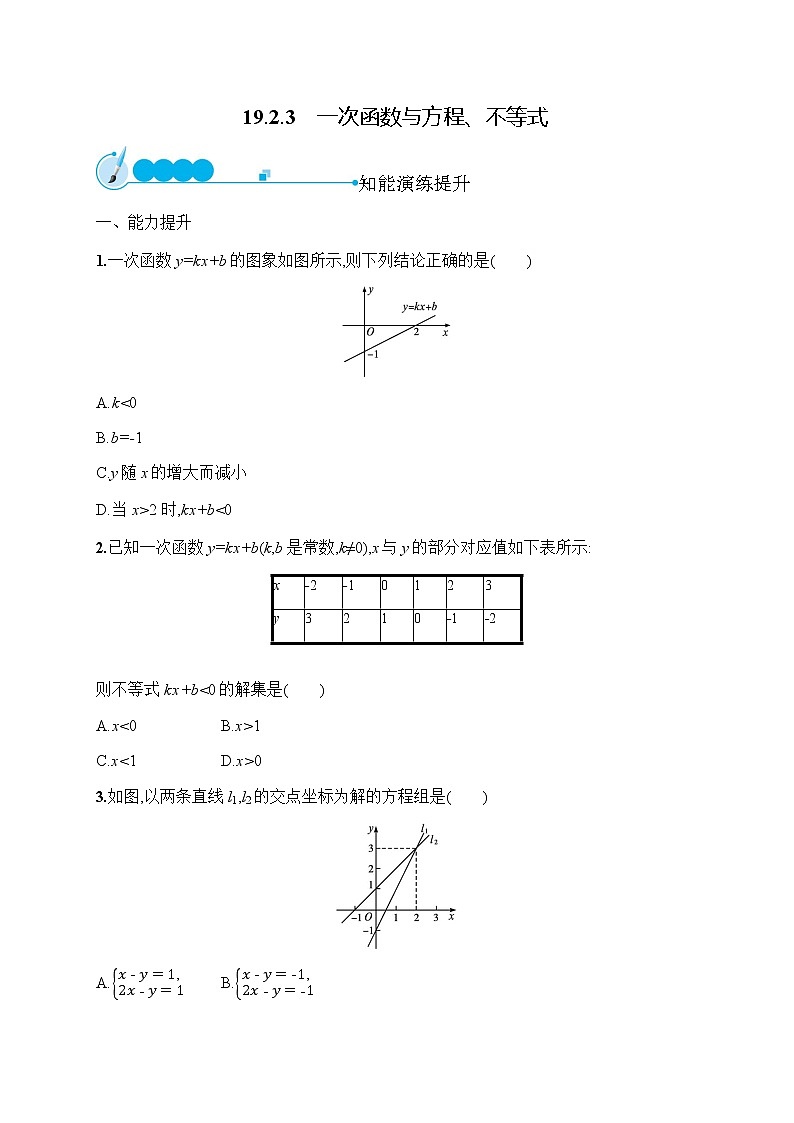 人教版初中数学八年级下册19-2-3一次函数与方程、不等式习题含答案第1页