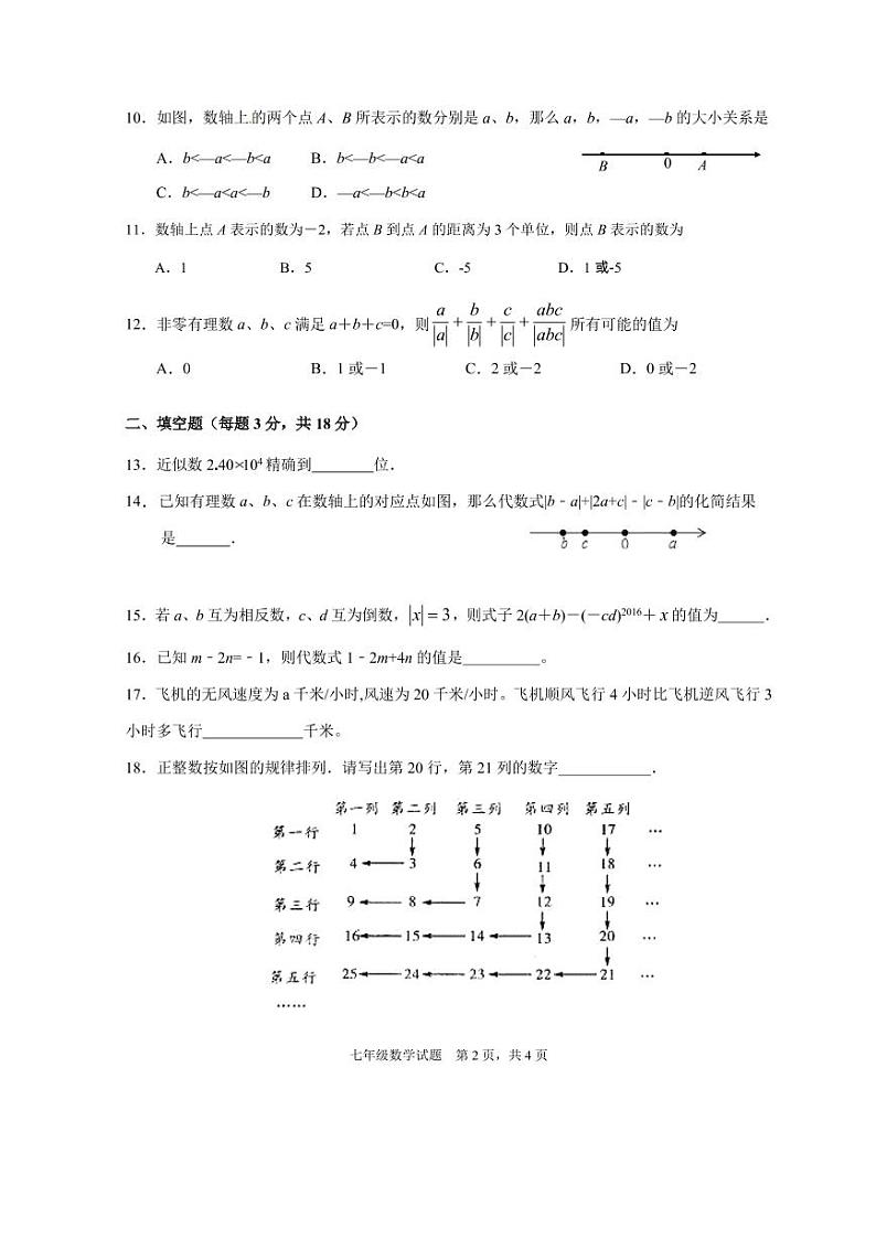 四川省绵阳市三台县2021-2022学年七年级上学期半期质量监测数学试卷(含答案)第2页