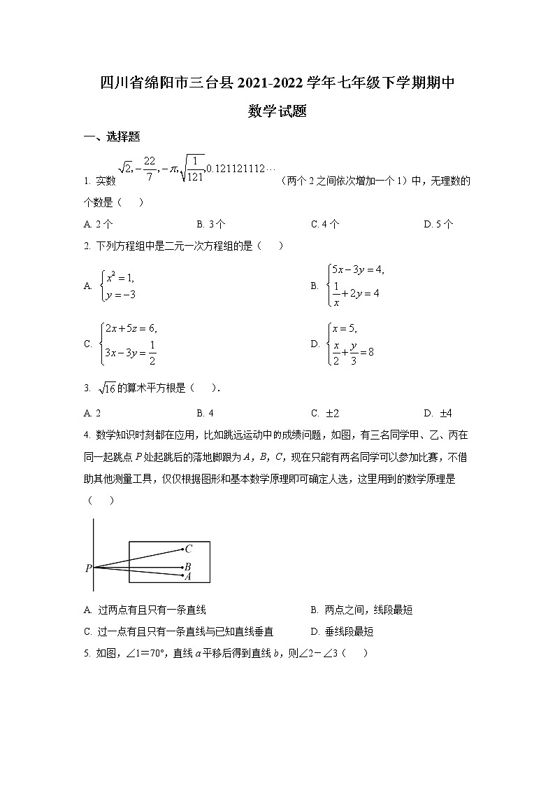 四川省绵阳市三台县2021-2022学年七年级下学期期中教学质量监测数学试卷(含答案)01