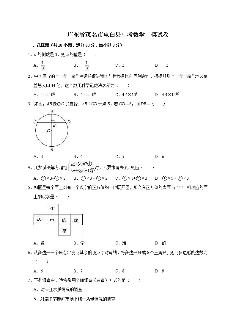 2022年广东省茂名市电白县中考数学一模试卷(教师版)01