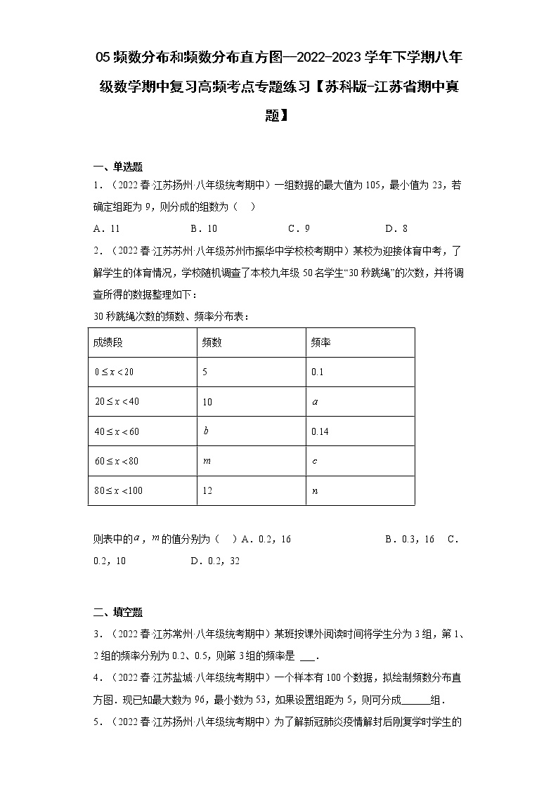 05频数分布和频数分布直方图--2022-2023学年下学期八年级数学期中复习高频考点专题练习【苏科版-江苏省期中真题】