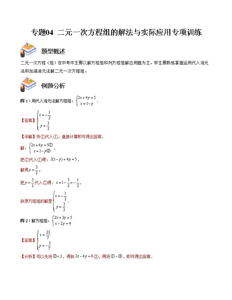 专题04 二元一次方程组的解法与实际应用专项训练(解析版)第1页
