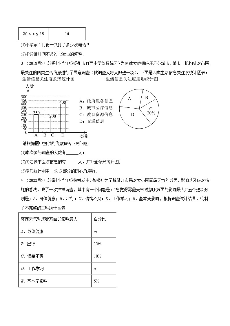 专题7.5数据的收集、整理与描述大题专练(重难点培优,八下苏科)- 2022-2023学年八年级数学下册 必刷题(原卷版)【苏科版】第2页