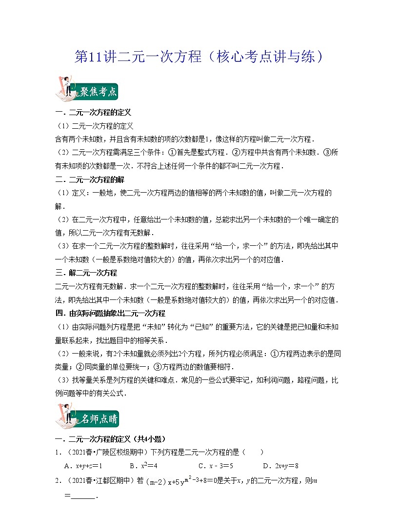第11講二元一次方程(核心考點講與練)-七年級數(shù)學下學期考試滿分全攻略(蘇科版)(原卷版)第1頁