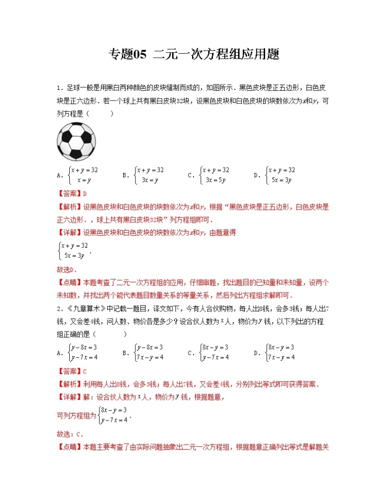 专题05 二元一次方程组应用题——2022-2023学年人教版数学七年级下册单元综合复习（原卷版+解析版）01