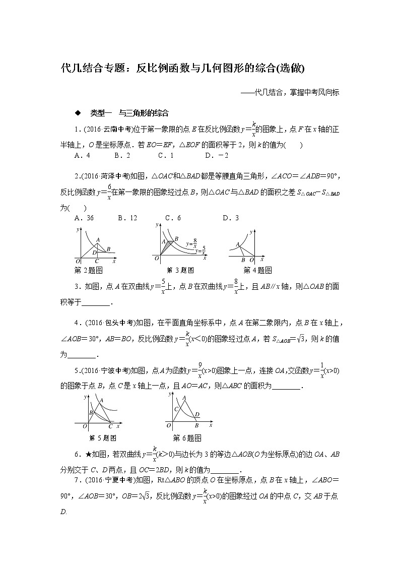 数学九年级下册代几结合专题:反比例函数与几何图形的综合(选做)01