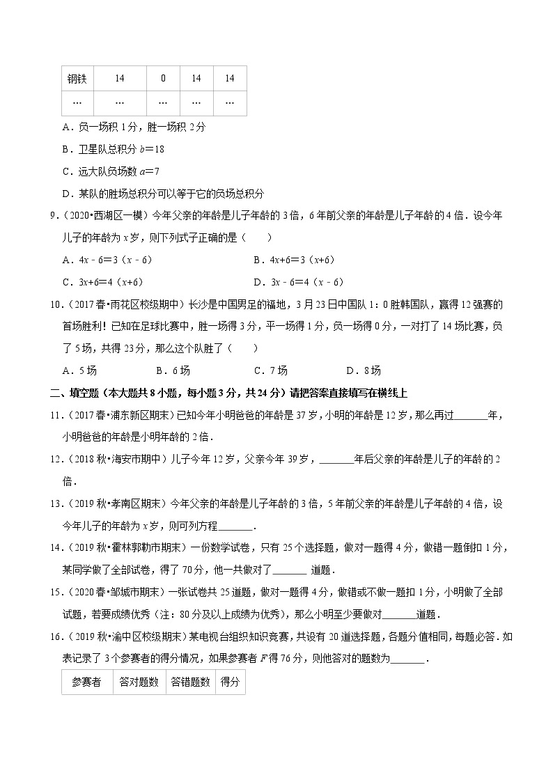 7年级数学上册同步培优题典  专题3.12  一元一次方程的应用（8）比赛积分问题（人教版）03