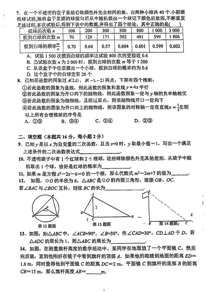 2023.2人大附中朝阳学校初三开学考数学试卷02