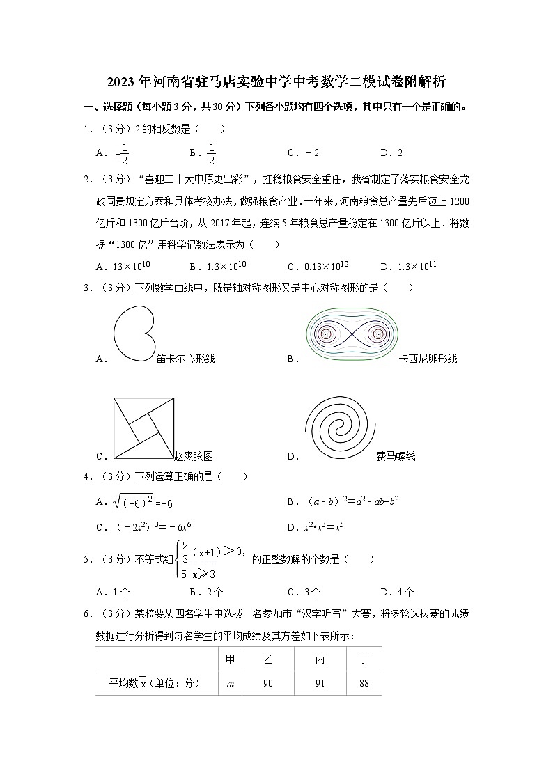 2023年河南省驻马店实验中学中考数学二模试卷附解析01