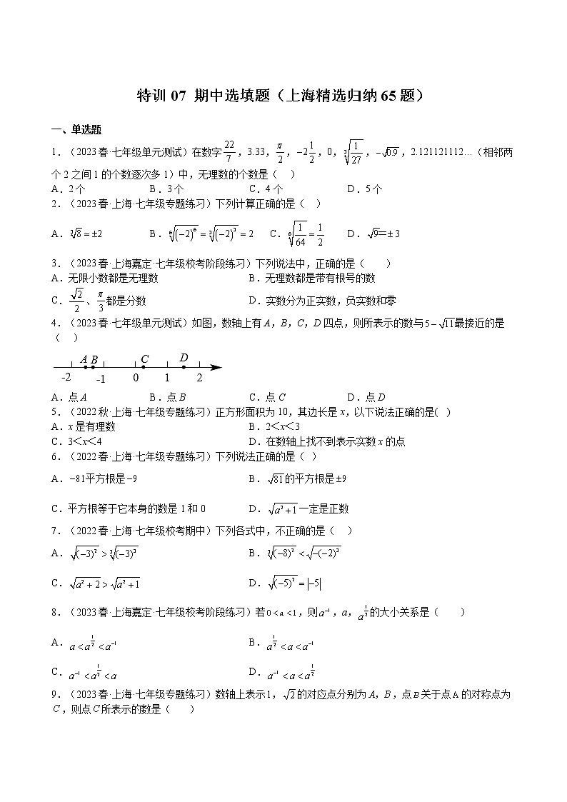 特训07 期中选填题(上海精选归纳65题)-2022-2023学年七年级数学下册期中期末挑战满分冲刺卷(沪教版,上海专用)01